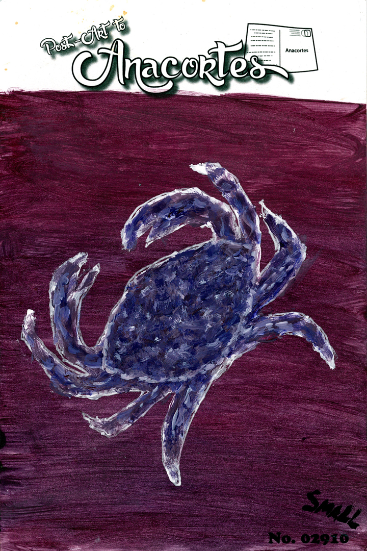 Acrylic painting of blue crab facing Upper left on a mauve Background.
