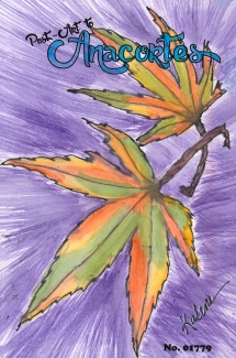 Two maple leaves turning from green to orange and yellow with stems crossed on a purple starburst background.