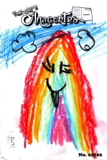 A free drawn pointed rainbow in the sky with clouds smiling with a tongue sticking out