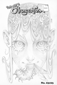 A pencil drawing of an elfish person with crosses for pupil, wings for eyebrows Mandelbrot hair and a bug in their mouth. Friendly. 